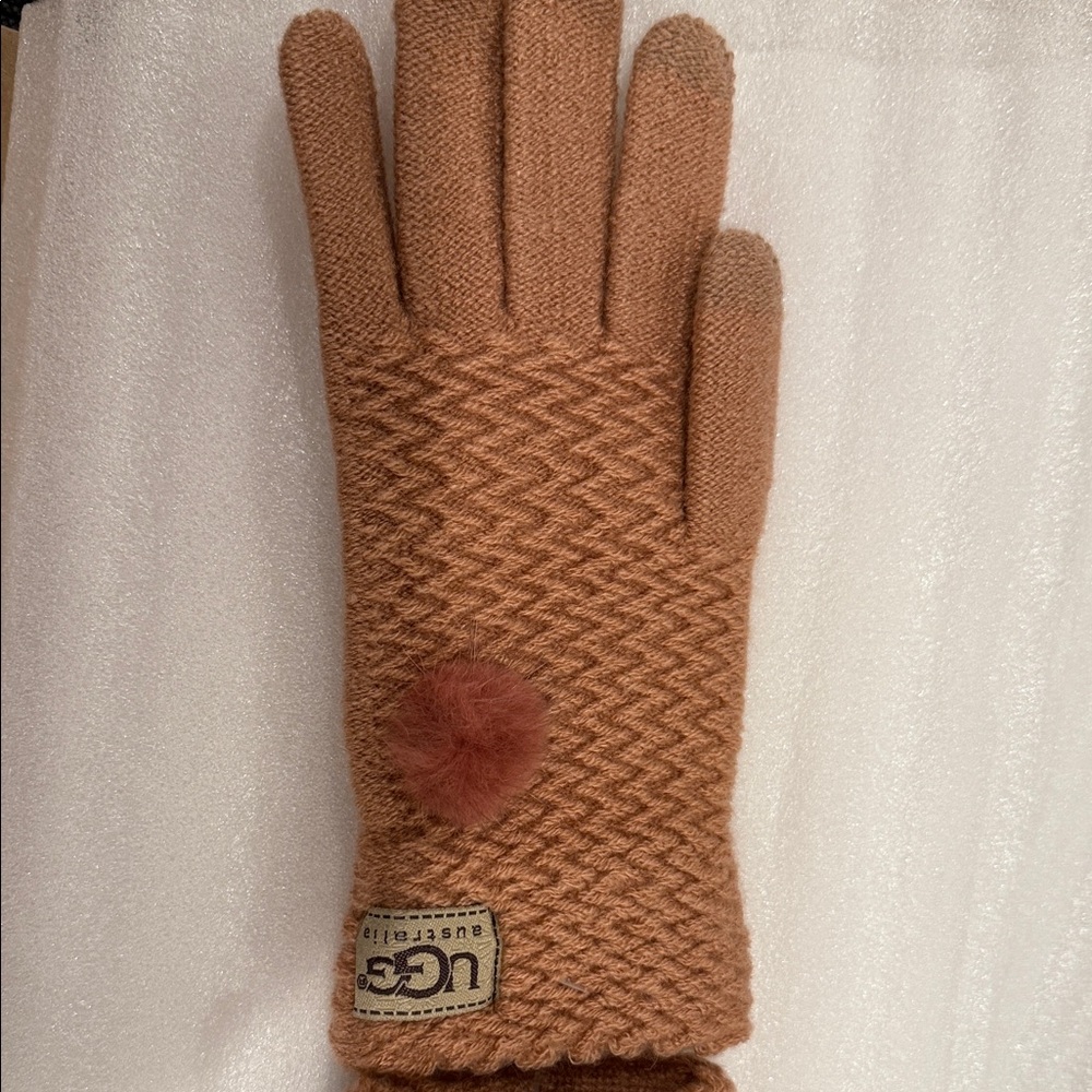 UGG Women's Brown Knit Mittens with Pom Pom